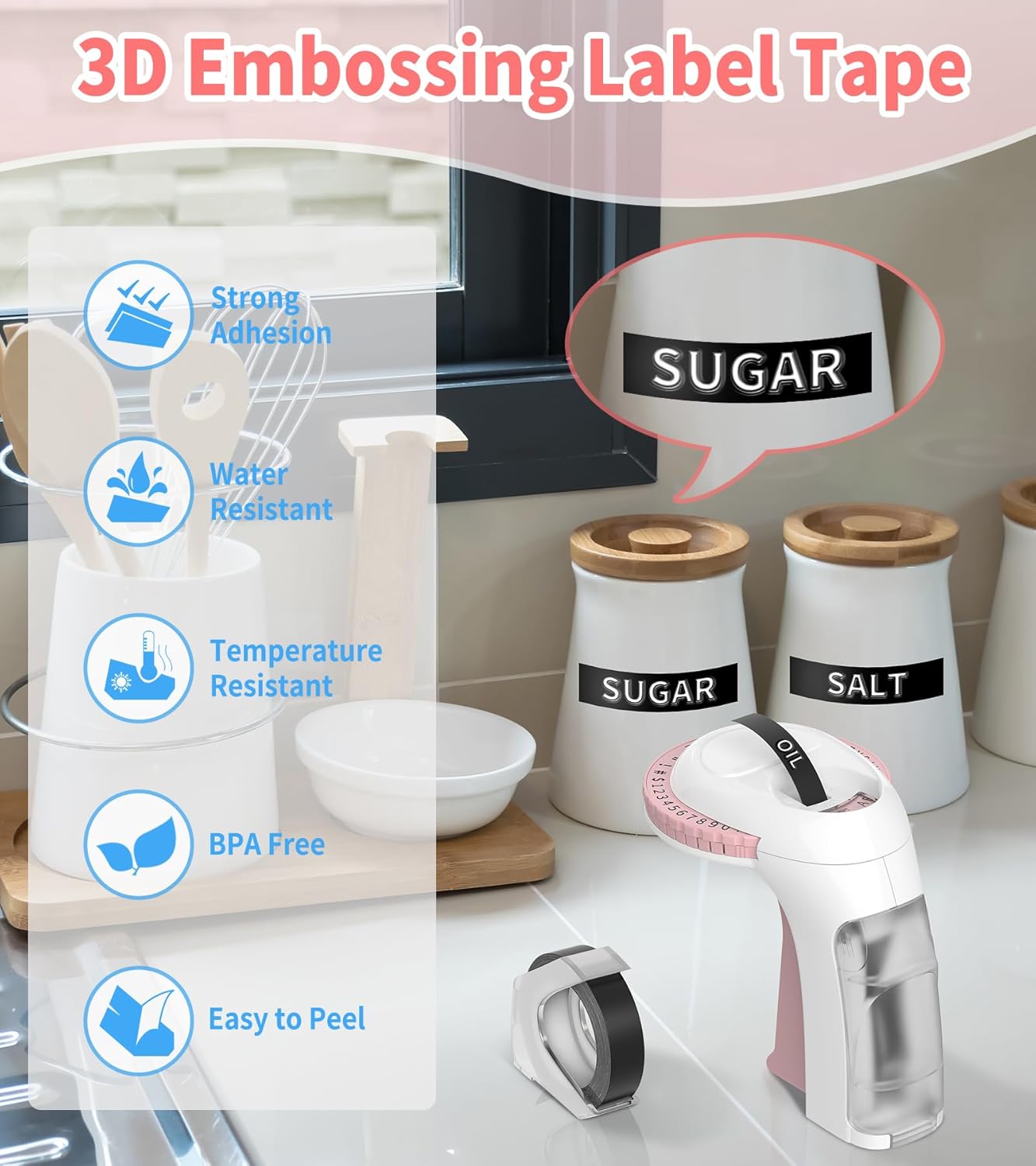 Embossing Label Maker Machine with Tapes, Vintage Embossed Label Maker, Retro Embossing Machine with 10 Rolls 9mm 3D Embossing Label Tapes for Home Office Kids DIY Crafting School, Pink