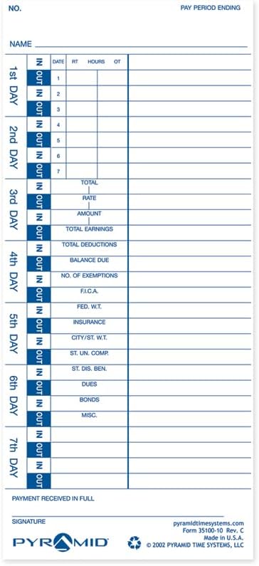 Pyramid Time Systems - 30% Recycled Time Cards (35100-10) for Pyramid Models 3500, 3500ss, 3600SS, and 3700 Time Clock and Document Stamp, Single Sided Time Sheets (4 X 9 Inches) - 300 Time Cards