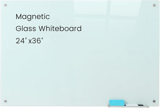 Glass Magnetic White Board - 36 x24 Inches Frameless Dry Erase Glass Whiteboard for Wall, Writing Board for Office, Classroom, Home and Presentation