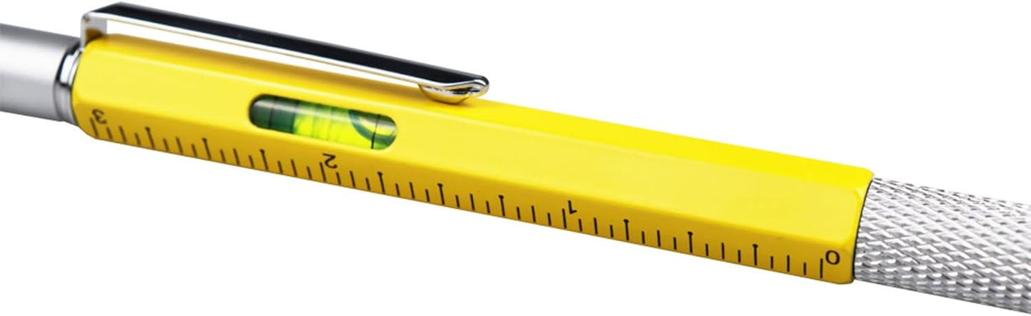 DUNBONG Metal Multi tool Pen 6-in-1 Stylus Pen - With Screwdriver, Ballpoint Pen Black ink, Stylus pen, Level and Ruler, 1-Count (Yellow)