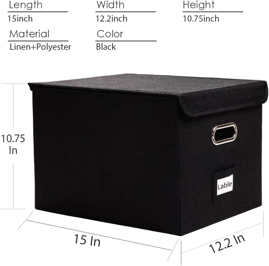 PRANDOM File Organizer Box - Set of 2 Collapsible Decorative Linen Filing Storage Hanging File Folders with Lids Office Cabinet Letter Size Black (15x12.2x10.75 inch)