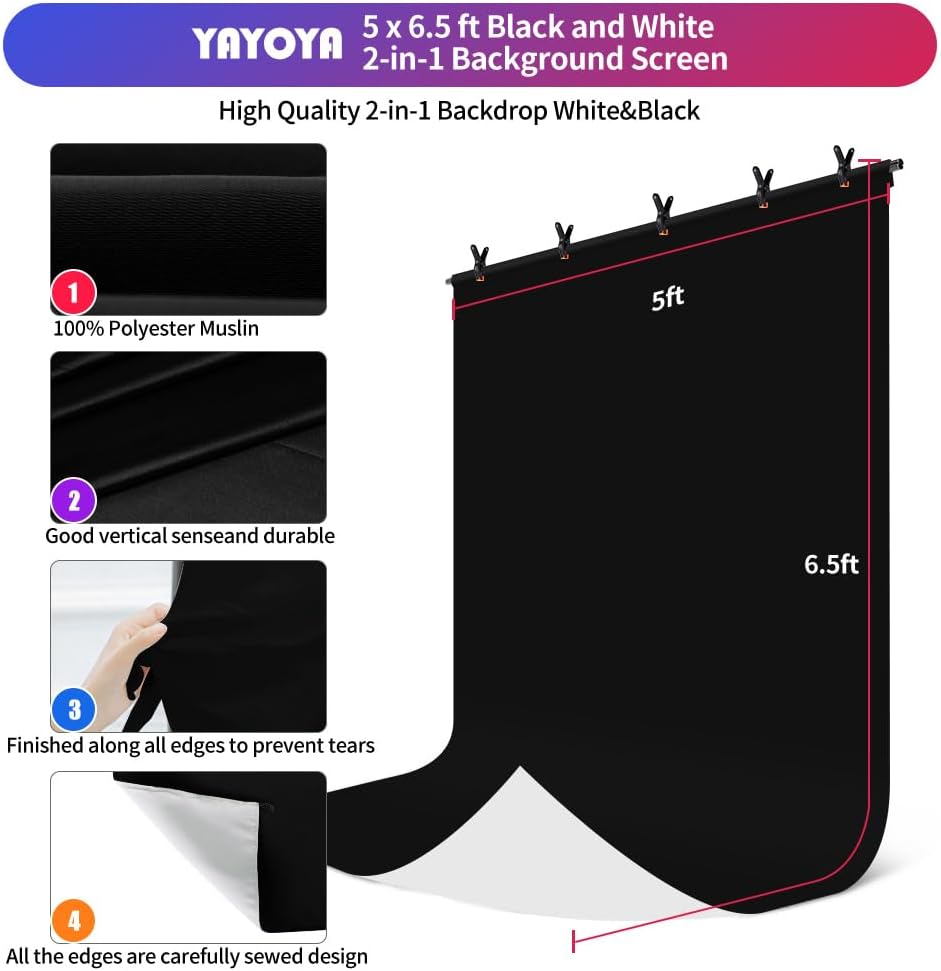 Black White Backdrop Screen with Stand Kit 5x6.5ft for Photo Video Studio, 2-in-1 Revisible Black Backdrop White Screen with T-Shaped Photography Background Support Stand and 5 Clamps