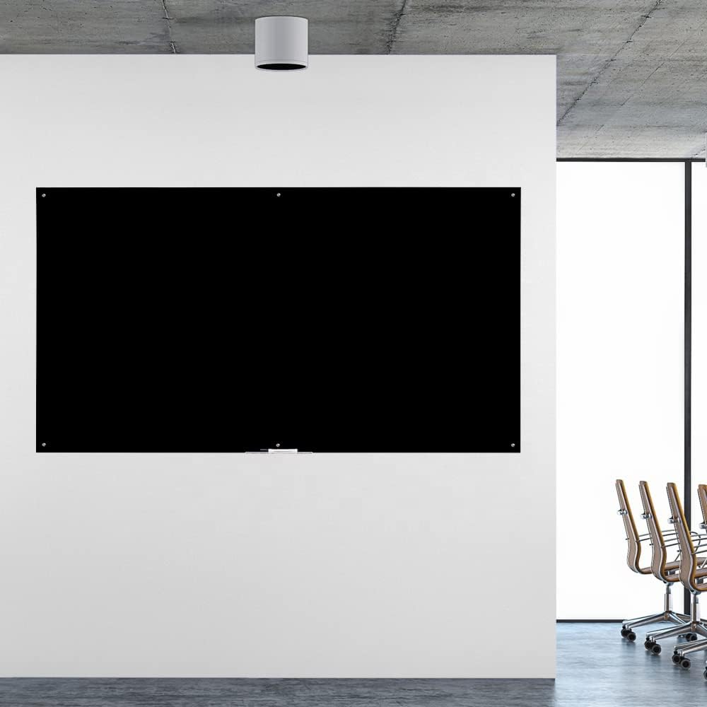 72" x 48" Black Extra Large Glass Whiteboard 6' x 4' Frameless Tempered Black Glass Dry Erase Board with Marker Tray for Interactive Office, Wall Mounted Frosted Glass Whiteboard