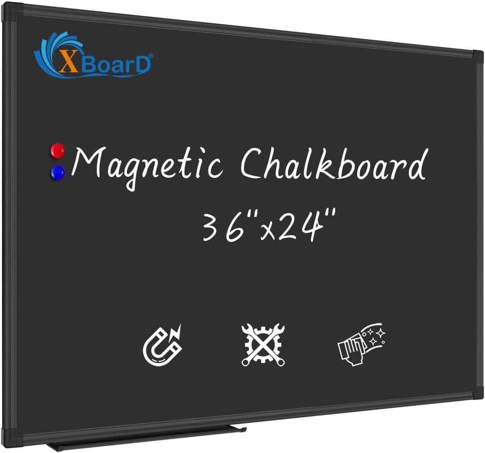 XBoard Magnetic Chalkboard Blackboard 36 x 24, Black Board with 2 Magnets, Black Aluminium Frame, Pin Collections