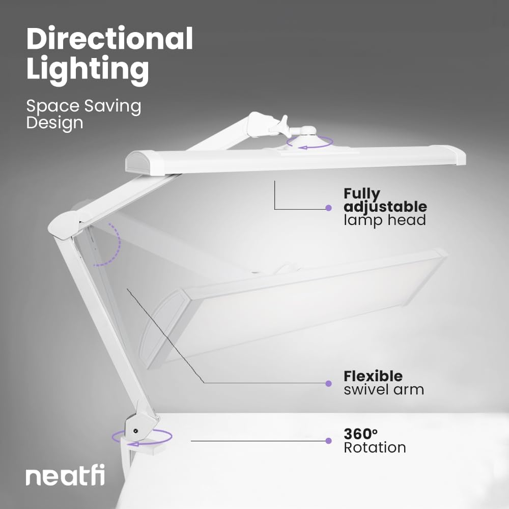 Neatfi Ultra 3,500 Lumen LED Desk Lamp, 45W, 26-Inch Wide Metal Shade, 270 SMD LEDs (Non-CCT with Clamp, White)
