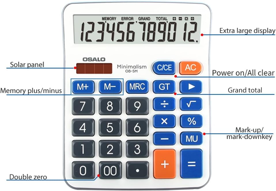 Desktop Calculator Extra Large 5-Inch Clear LCD Display 12-Digit Big Number Button Office Calculator with Auto Sleep Function (OS-5M)