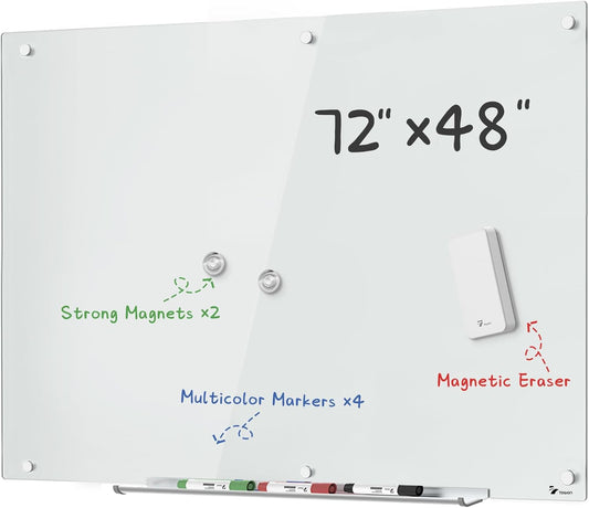 TOWON 6 x 4ft Glass Whiteboard Wall – Magnetic White Dry Erase Board (72 x 48 inches) with Multi-Color Markers, Strong Magnets, Pen Tray & Eraser – Frameless Design for Office, Home & Classroom