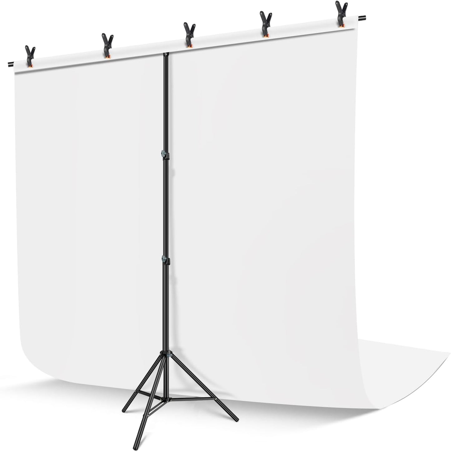 White Backdrop with Stand, 6x9 ft White Photo Backdrop Curtain with 6.3x6.5 ft Background Stand, Portable Backdrop Support Kit with Carrying Bag, 5 Strong Spring Clamps