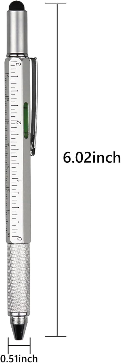 DUNBONG Metal Multi tool Pen 6-in-1 Stylus Pen - With Screwdriver, Ballpoint Pen Black ink, Stylus pen, Level and Ruler, 1-Count (Silver)