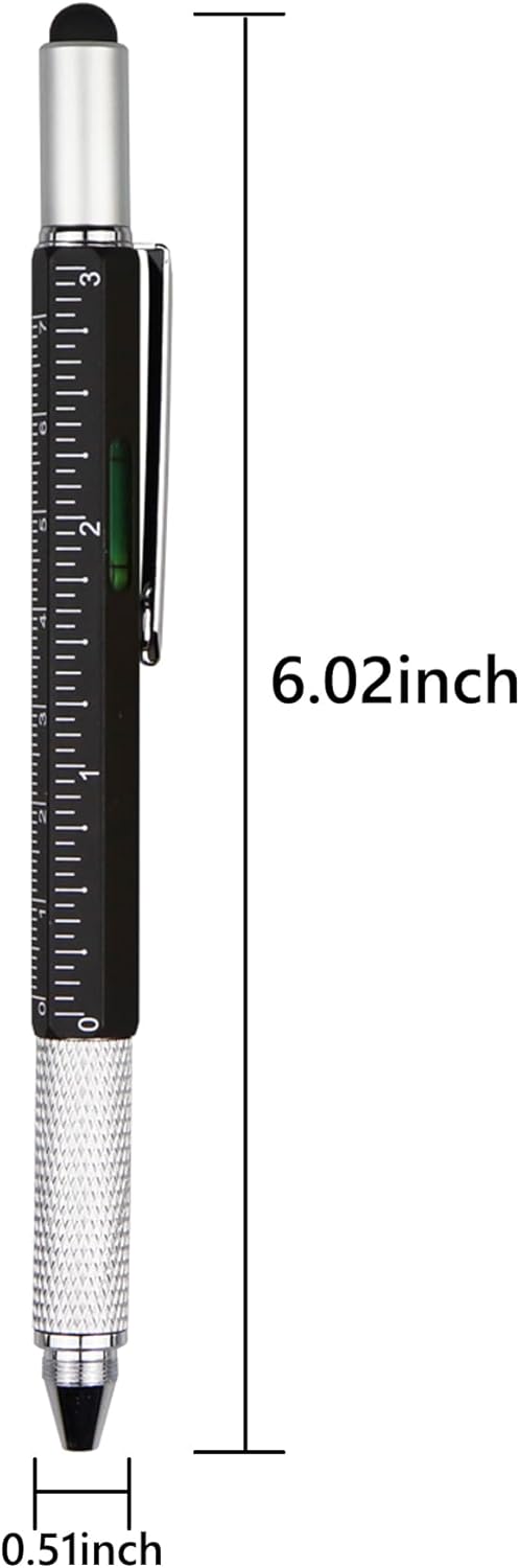 DUNBONG Metal Multi tool Pen 6-in-1 Stylus Pen - With Screwdriver, Ballpoint Pen Black ink, Stylus pen, Level and Ruler, 1-Count (Black)