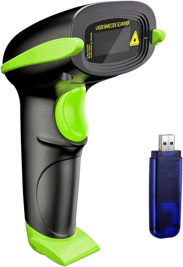 NADAMOO Wireless Barcode Scanner 328 Feet Transmission Distance USB Cordless 1D Laser Automatic Barcode Reader Handhold Bar Code Scanner with USB Receiver for Store, Supermarket, Warehouse - Green