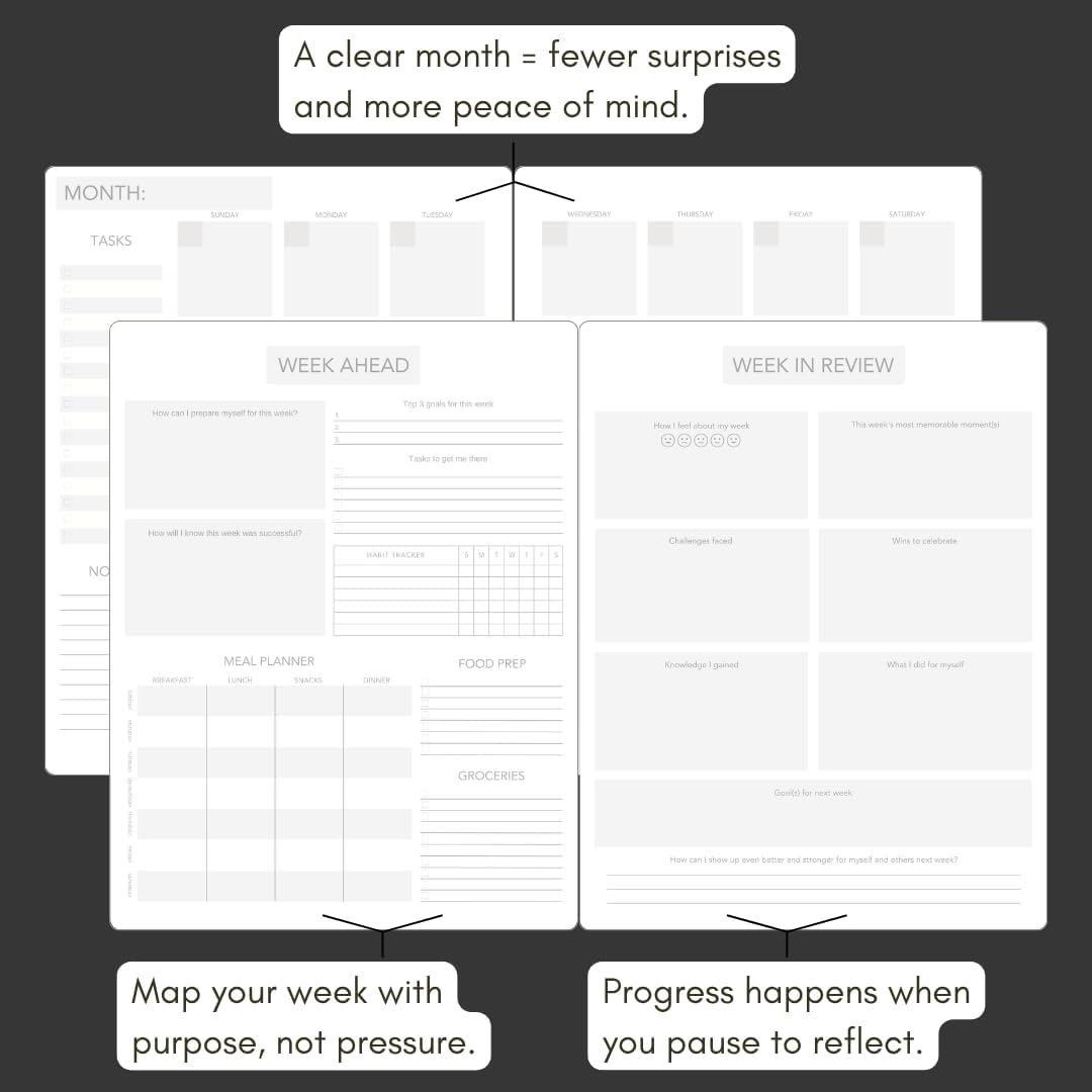 Pland Studio 90-Day Planner – Undated Daily Goal Journal for Men & Women | Charcoal Onyx Hardcover with Habit Tracker, Vision Board, Gratitude Prompts & Flat Lay Binding | Productivity & Mindfulness Notebook