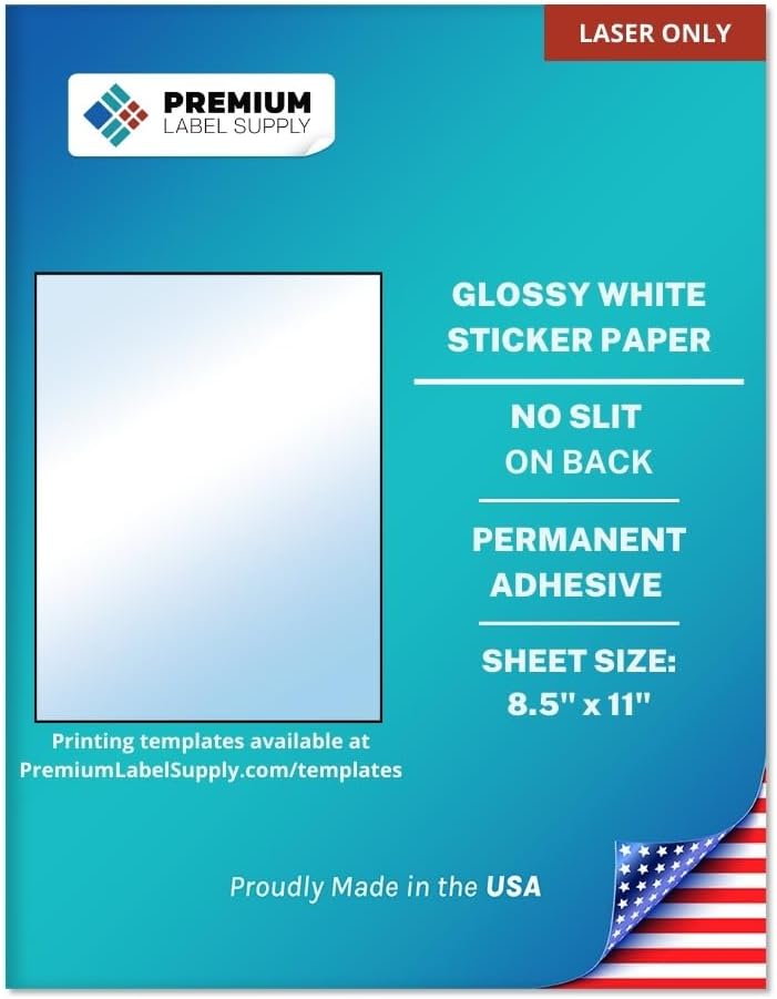 Premium Label Supply Glossy White Sticker Paper – 8.5" x 11" Full Sheet Labels – Laser Printers Only – 500 Sheets - Letter Size