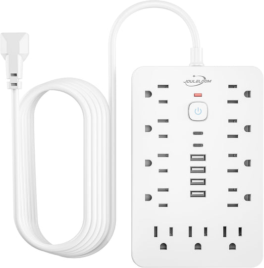 5 FT Flat Plug Surge Protector Power Strip,11 Multiple AC Outlets with 6 USB Ports (2 USB C), 5 Feet Extension Cord, 1250W/10A, One Touch Switch Button, 17 in 1 Compact powerstrip-White