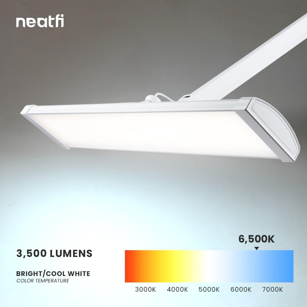 Neatfi Ultra 3,500 Lumen LED Desk Lamp, 45W, 26-Inch Wide Metal Shade, 270 SMD LEDs (Non-CCT with Clamp, White)