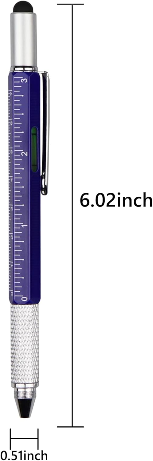 DUNBONG Metal Multi tool Pen 6-in-1 Stylus Pen - With Screwdriver, Ballpoint Pen Black ink, Stylus pen, Level and Ruler, 1-Count (Blue)