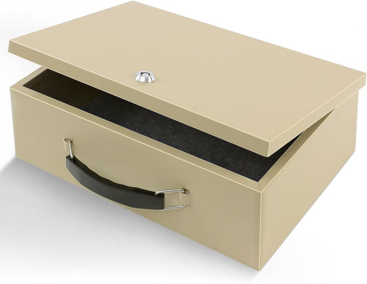 Dalmbox Portable Fire Safe Box with Key Lock, 13.2”x 11”x 5.1'', Fire Resistant Metal Storage Box, Lock Box for Documents, Safety Deposit Box for Home, Outside, Car, X Large, Sand