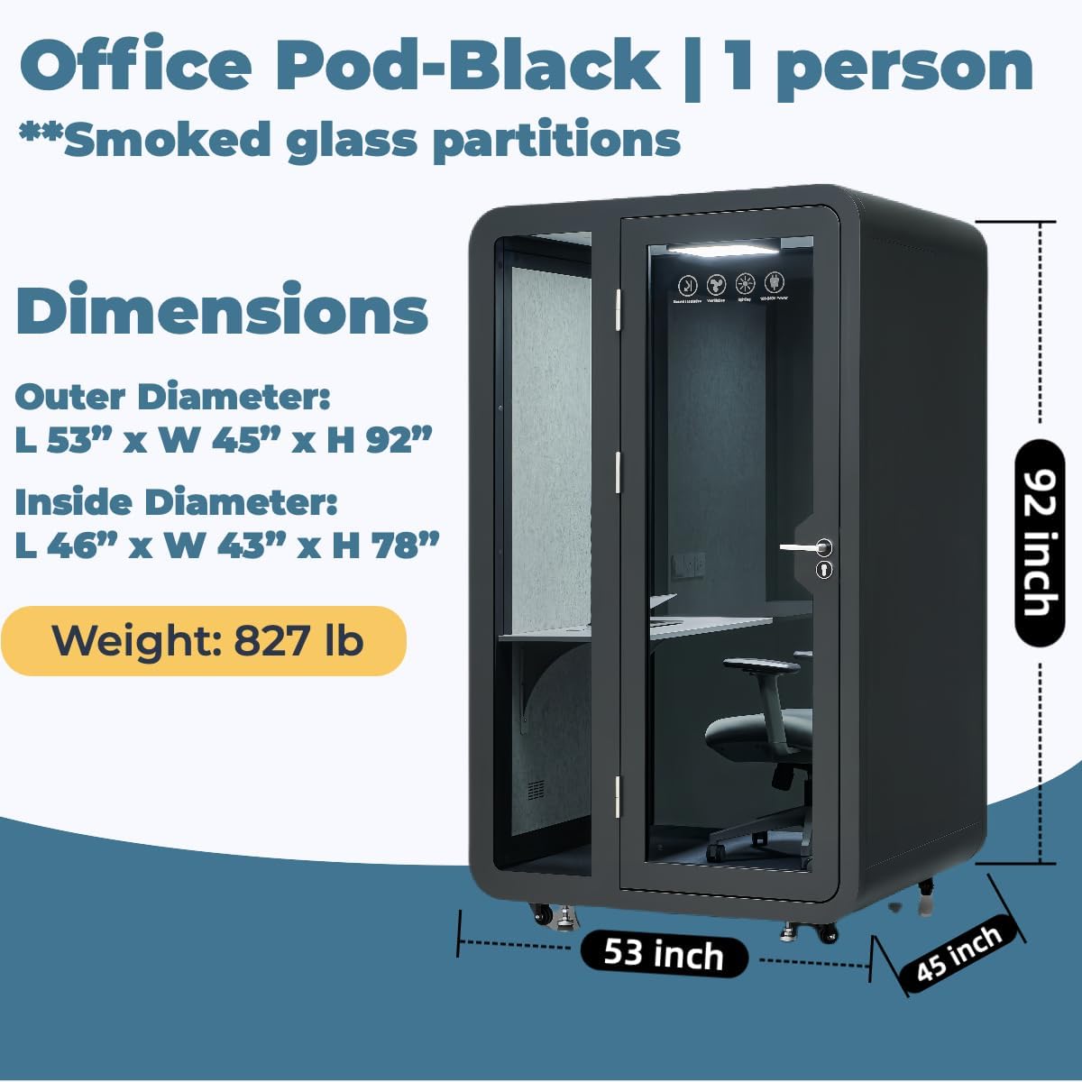 Solo Office Pod, Sound Pod, Mobile Office Pod Booth, SoundProof Booth for Office, Privacy pod, Mobile Roller with Desk, LED Light, Centrifugal Fans and AC USB Ports - Black/Smoked Glass