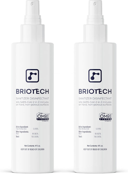 BRIOTECH Sanitizer Disinfectant Hypochlorous Spray, Kill 99.99% of Viruses & Bacteria, Control Mold, Eliminate Odor, Gentle for Nursery & Play Rooms, Food Contact Surface Sanitizer, 4 fl oz (2 Pack)