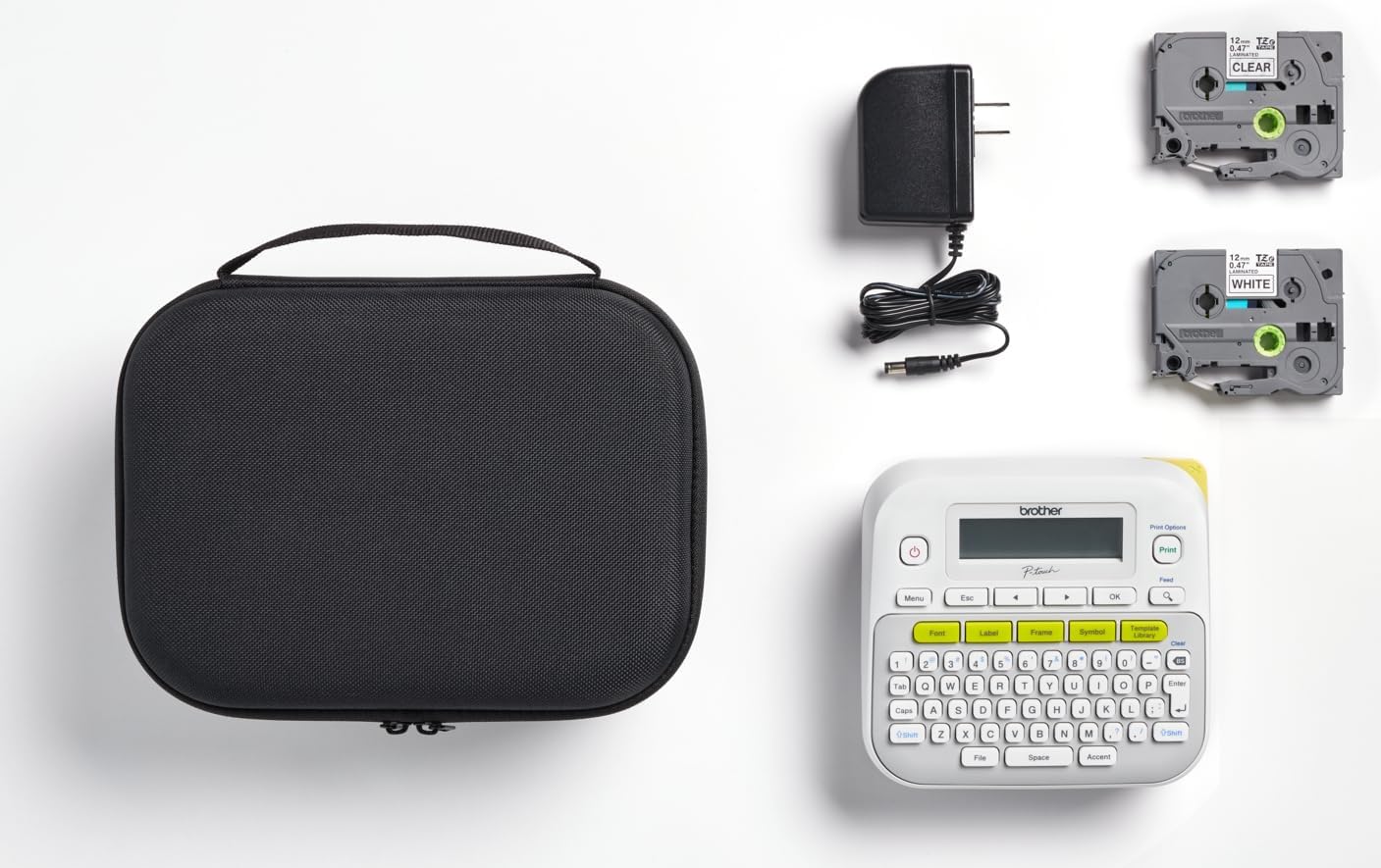 Brother PT-D210SV Label Maker Bonus Bundle Comes with a Protective Carrying case, an Adapter, and Two Sample Genuine TZe Label Tapes for Added Value.