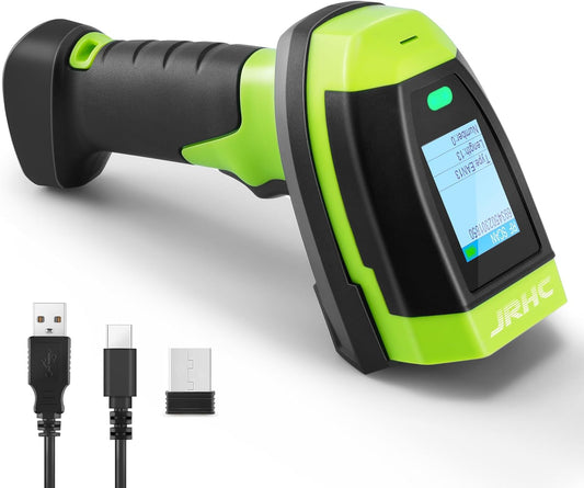 Barcode Scanner Wireless, 1D CCD Automatic Bar Code Scanner with Display Screen, Rechargeable Handhold Barcode Reader with 2.4G Receiver & USB Wired Plug and Play (Green)