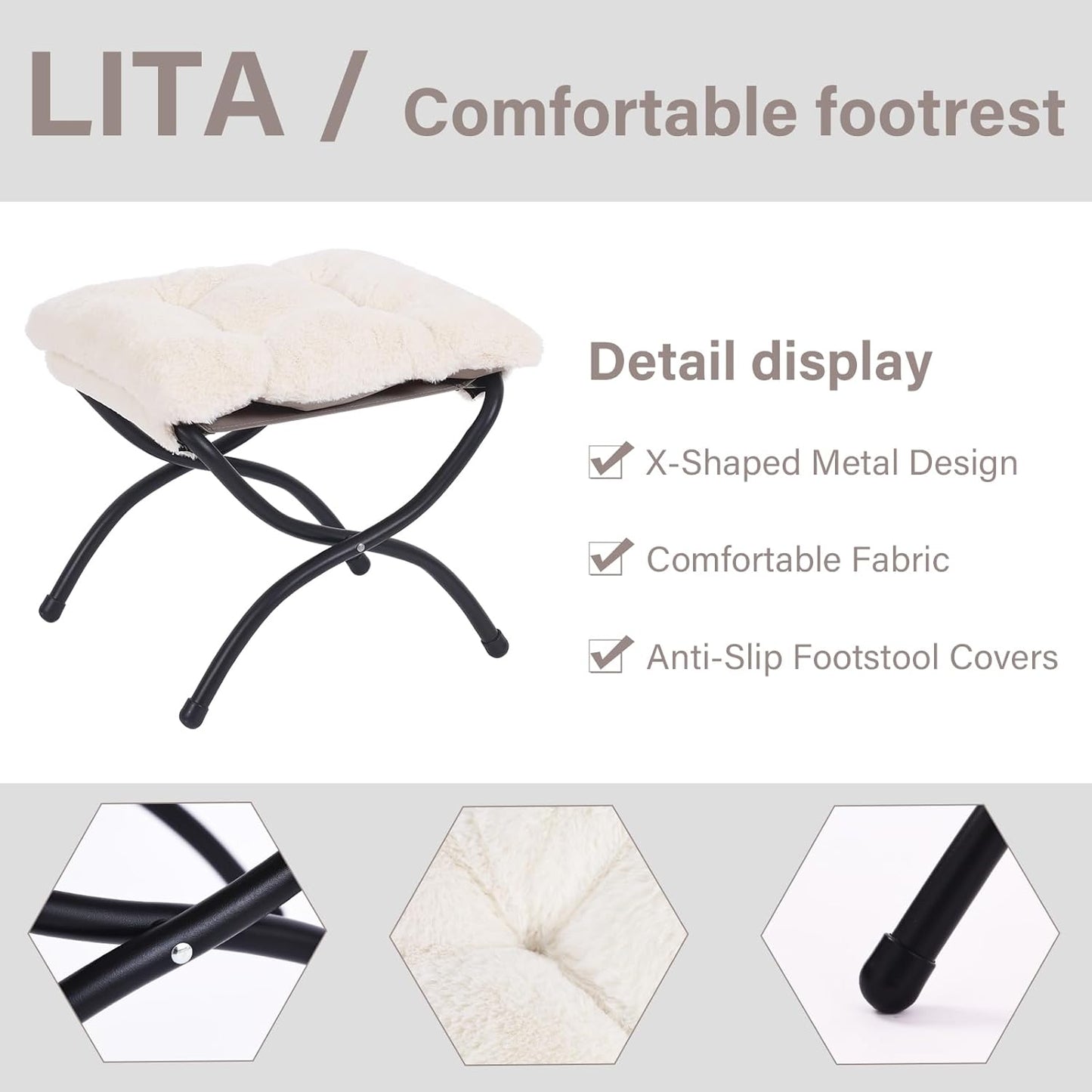LITA Folding Upholstered Footrest Stool, Modern Small Portable Accent Ottoman with Detachable Thick Cotton Cushion Padded Sofa Stool with Metal Frame for Lazy Chair, Living Room & Bedroom, Plush Beige