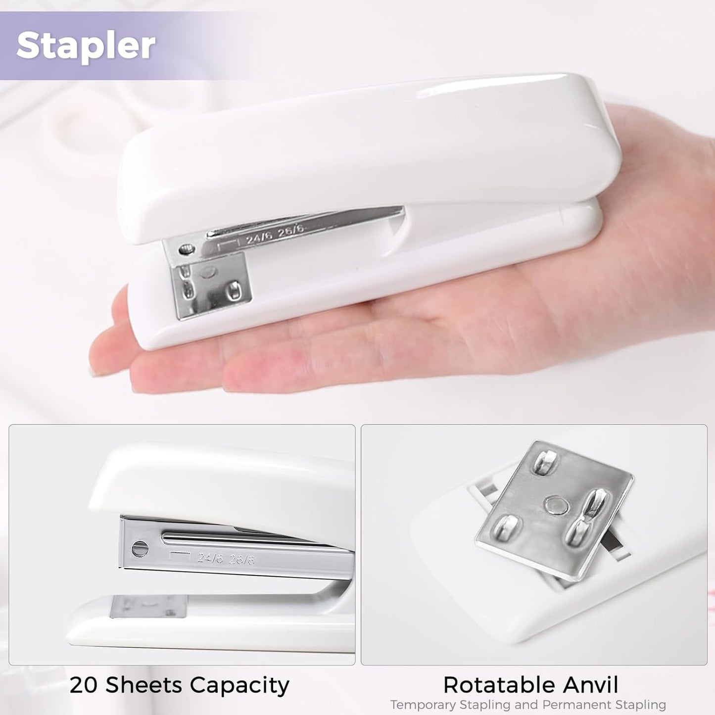 SKYDUE White Office Supplies Set, Desk Accessories, Stapler, Tape Dispenser, Scissors, Binder/Paper Clips and 1000pcs Staples, Office Decor for Women