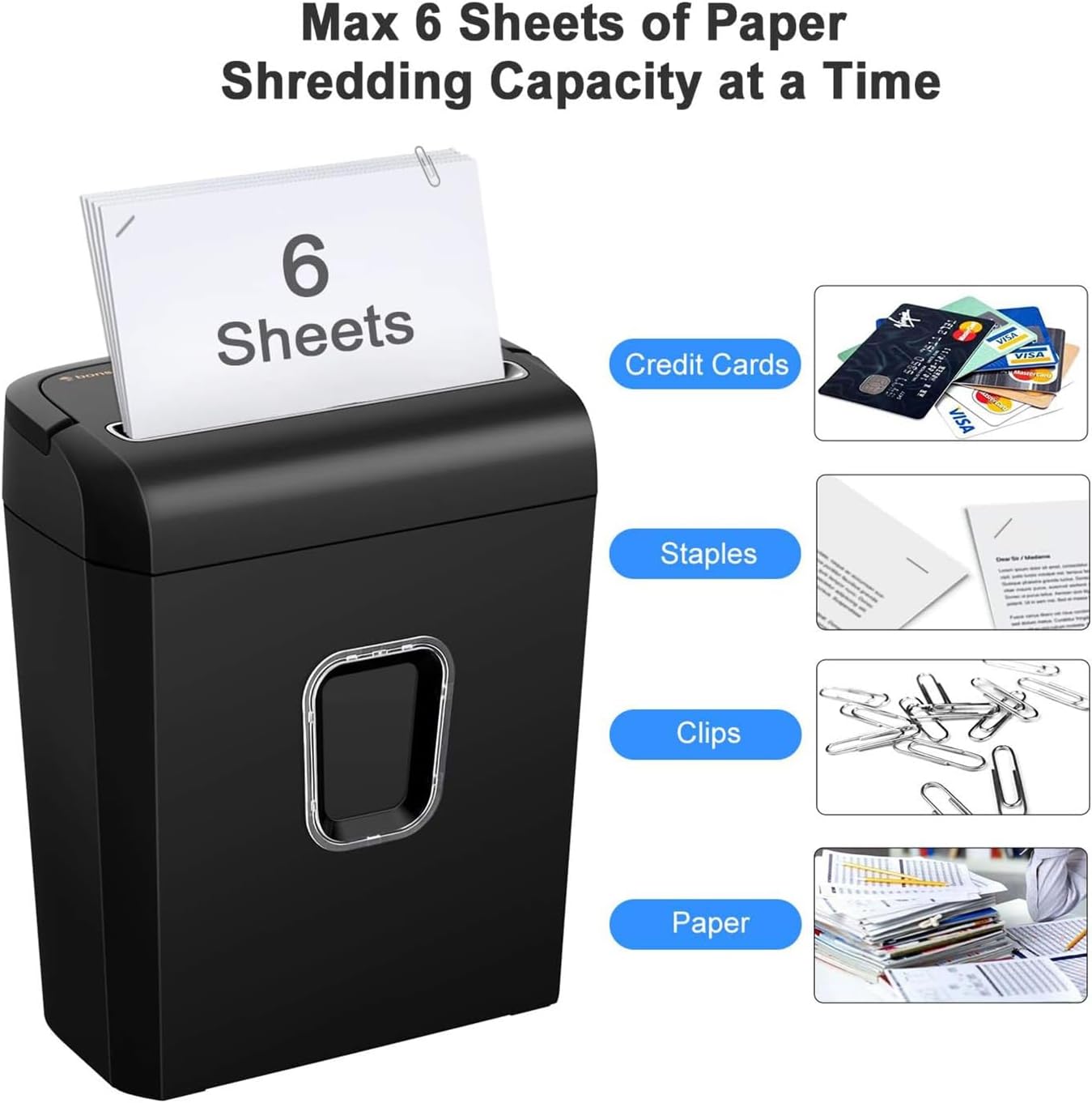 Bonsaii 6-Sheet Micro-Cut Shredder, P-4 High Security, Shreds Credit Cards/Staples/Clips, 3.4 Gal Transparent Window Bin, Black