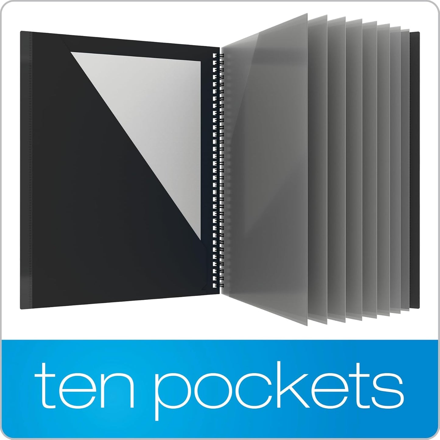 Oxford 10 Pocket Folder, Sturdy Plastic Spiral Portfolio, Anti-Tear Edges, 8 Pockets, 2 Diagonal Interior Pockets, Letter Size, Black (89332)