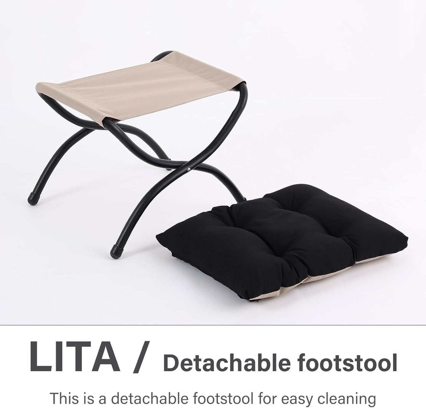 LITA Folding Upholstered Footrest Stool, Modern Small Portable Accent Ottoman with Detachable Thick Cotton Cushion Padded Sofa Stool with Metal Frame for Lazy Chair, Living Room & Bedroom, Black