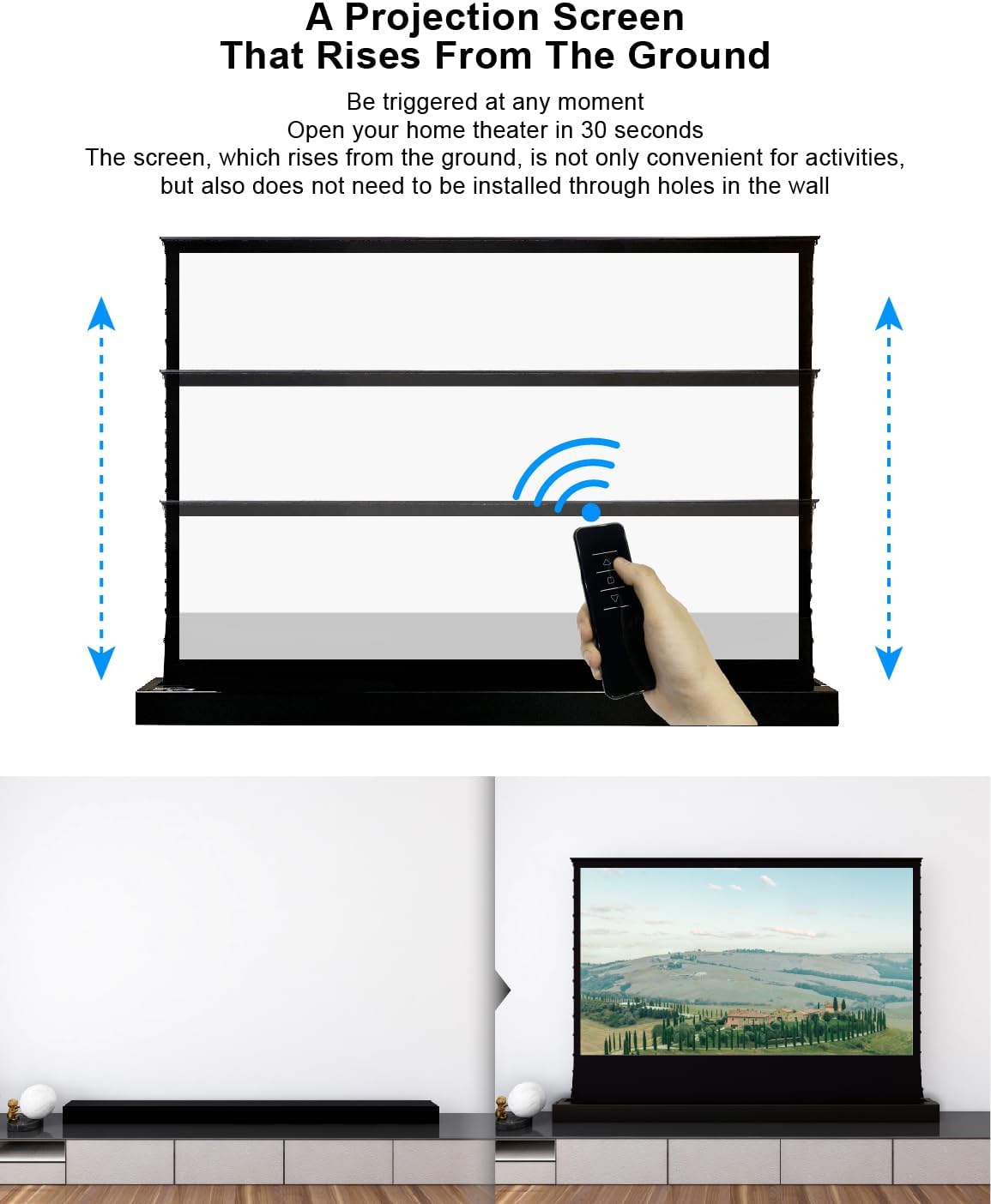 VIVIDSTORM-Projector Screen with Stand S 92 Inch Sound Transparent Perforated Floor Rising White Fabric 4k HD Ready Home/Movie Theatre Work with Normal Throw Projector, VSDSTPW92H
