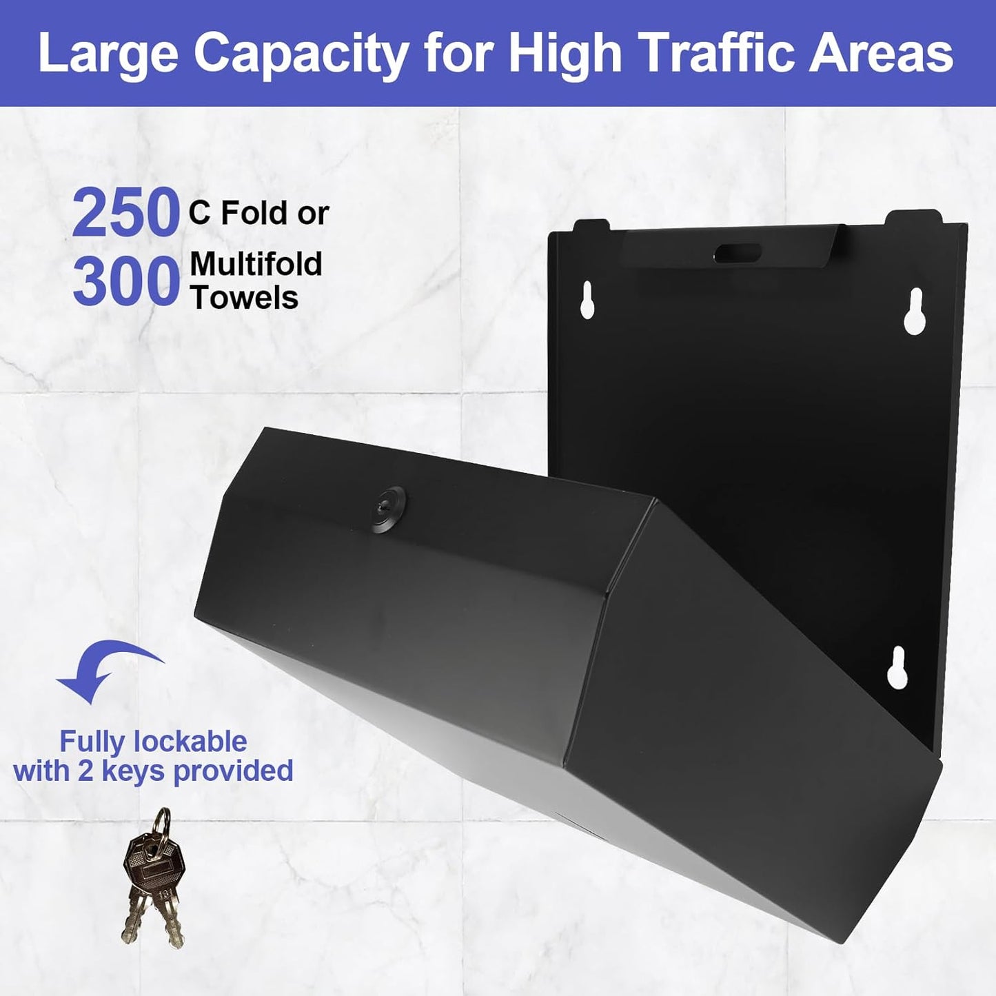 Paper Towel Dispenser Wall Mount, Matte Black Stainless Steel Commercial Paper Towel Holder with Lock, Large Capacity 250 C Fold/300 Multifold Towels