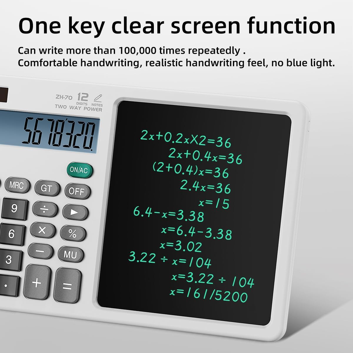 Scientific Calculator with Pull - Out Stylus, 12 - Digit Wide Screen & 100,000+ Reusable Writing Pad, One - Click Clear/Lock, Solar & Battery Dual Power, Portable for School Office Business (White)