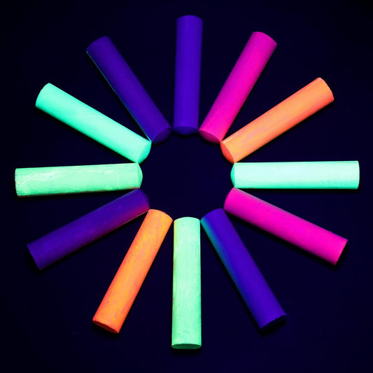 12 Pcs Glow in the Dark Chalk Under Blacklight, 6 Neon Colors Washable Dustless UV Sidewalk Chalk for Black Light Party Playground Chalkboard Birthday Gift and Outdoor Drawing (Cylindrical)