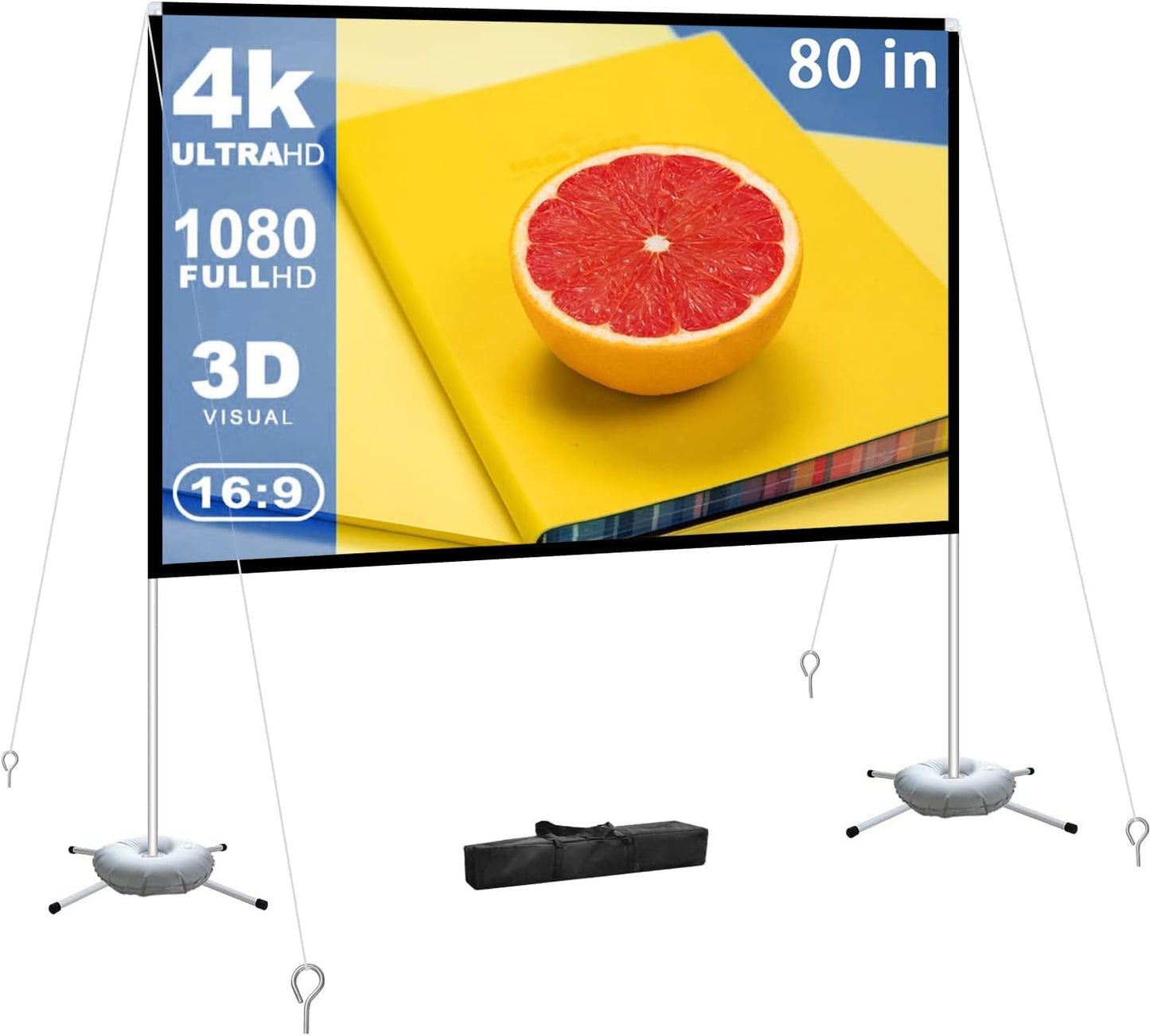 Projector Screen Portable Outdoor Movie: Projection Screens Stand 4K Cinema 80 inch for Camping White