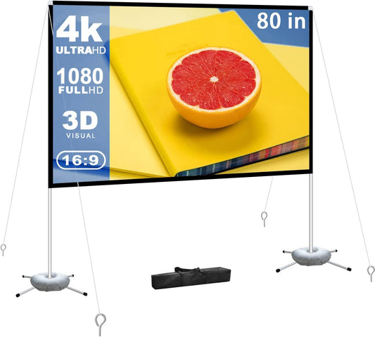 Projector Screen Portable Outdoor Movie: Projection Screens Stand 4K Cinema 80 inch for Camping White