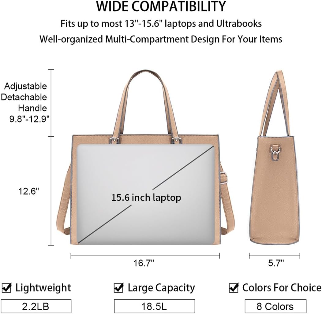 Laptop Bag for Women Waterproof Lightweight Leather 15.6 Inch Computer Tote Bag Business Office Briefcase Large Capacity Handbag Shoulder Bag Professional Office Work Bag Khaki