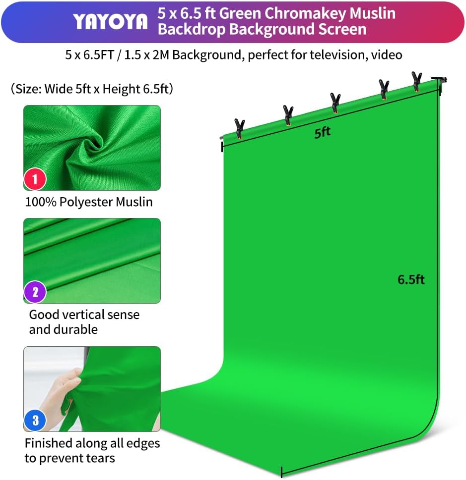 Green Screen Backdrop Kit, 5 x 6.5 ft Portable Chromakey Green Screen with T-Shaped Stand & Carrying Bag & 5 Clamps, Greenscreen Background for Streaming, Gaming, Zoom