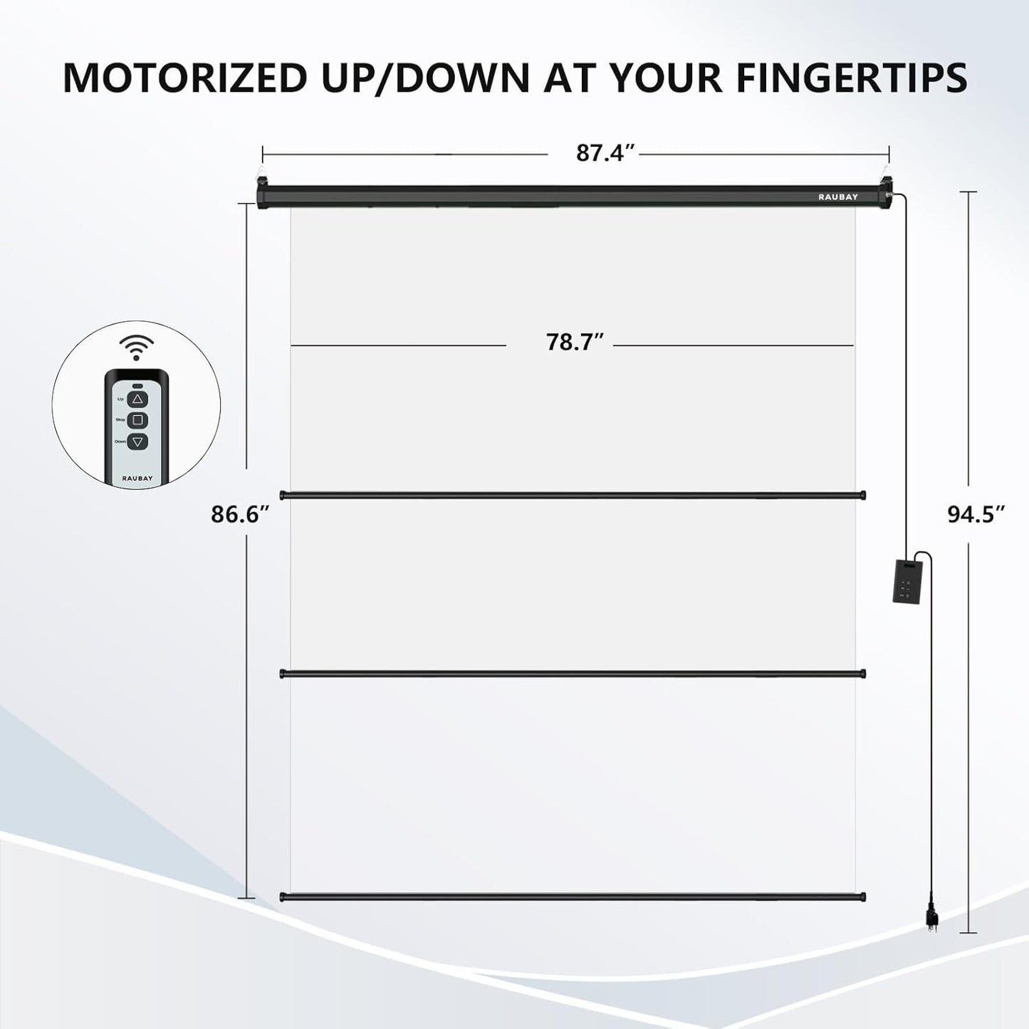 RAUBAY Motorized Pull Down White Screen Backdrop - 78.7" x 86.6" Collapsible Wall-Mount Background for Professional Video Production, Photography Studio, Video Conferencing and YouTube, TikTok Creator