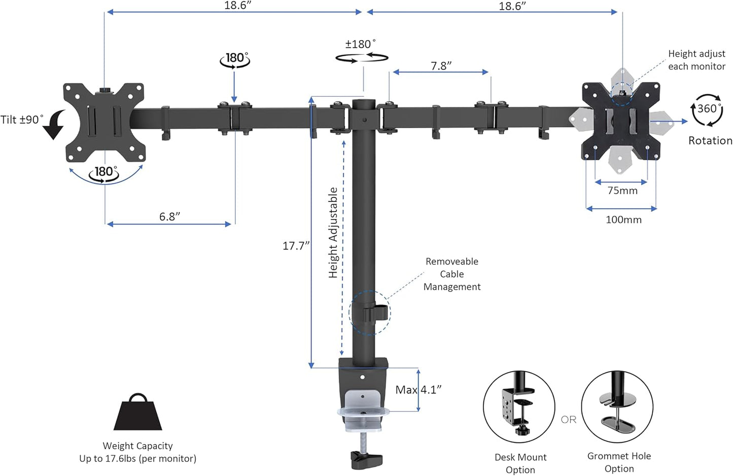 Rocelco 43" Height Adjustable Standing Desk Converter with Dual Monitor Arm Mount - Tall Stand Up Tabletop Riser and Tablet Slot - Computer Workstation - Deep Keyboard Tray - Black (R VADRB-43-DM2)