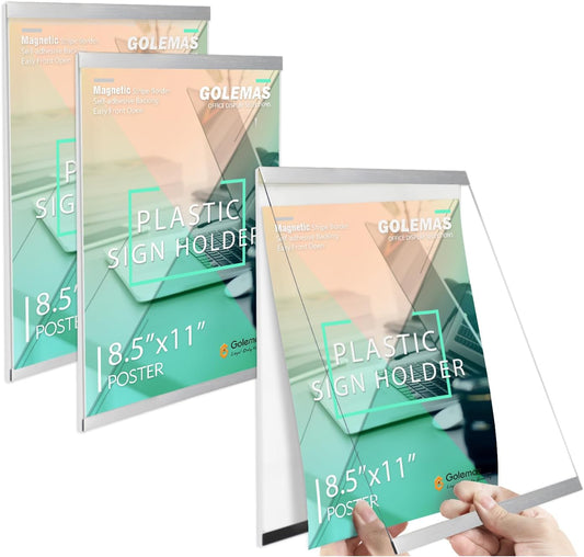 Acrylic Magnetic Sign Holder, Easy-Opening 8.5 x 11 Wall Mount Display Frames, Self Adhesive Back Plastic Clear Document Frame, Silver Aluminium Strips Frame (8.5 x 11, 3Pack)