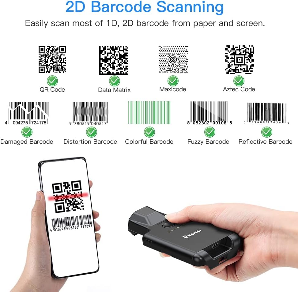 Eyoyo Upgraded QR Code Scanner Bluetooth Android Barcode Scanner, Portable Back Clip Wireless 1D 2D UPC ISBN Inventory Barcode Reader PDF417 Data Matrix Code Compatible with iPhone, Android Phone