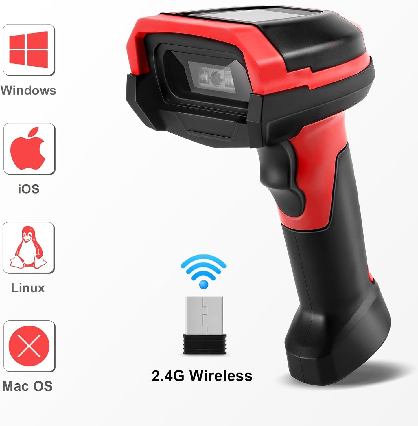 Barcode Scanner Wireless, 1D CCD Automatic Bar Code Scanner with Display Screen, Rechargeable Handhold Barcode Reader with 2.4G Receiver & USB Wired Plug and Play (Red)