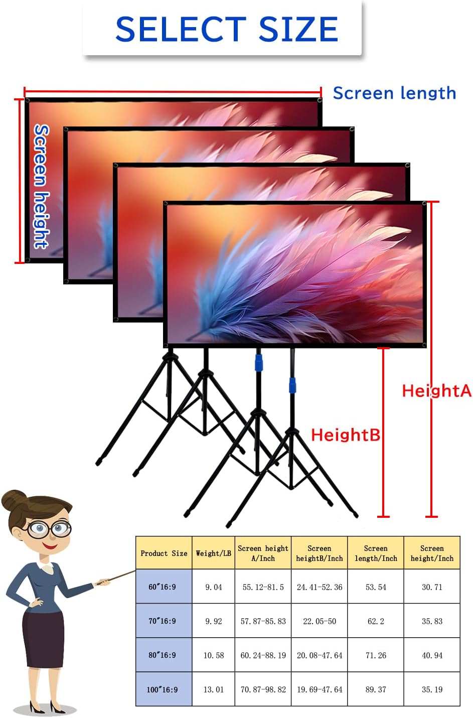 Projector Screen with Stand Outdoor 70 inch 4K HD 1.5-Gain Wrinkle-Resistant Movie Screen, 160° Viewing Angle, Projection Screen for Movie Night and Indoor 【70in】