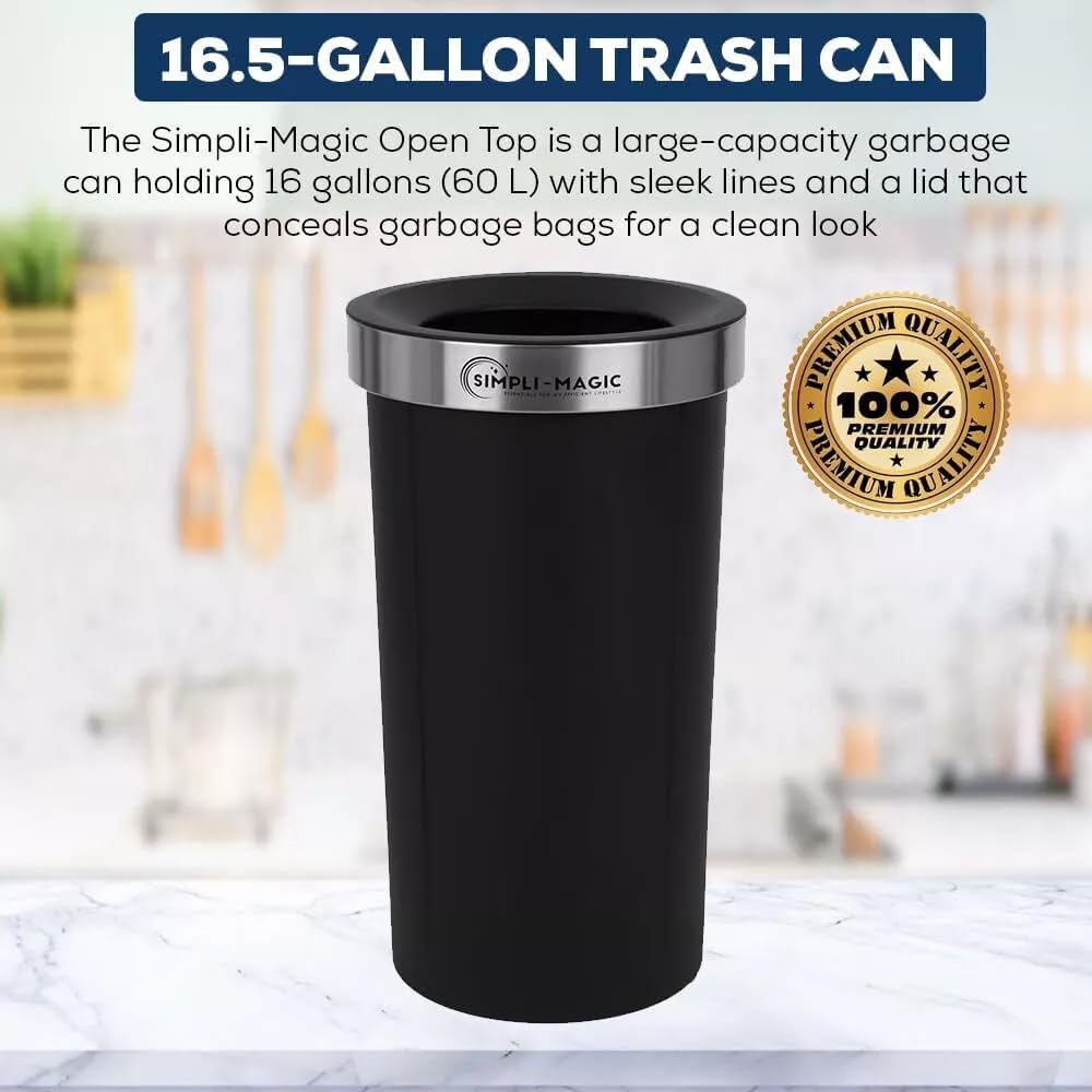 SIMPLI-MAGIC 16 Gallon (60L) Open Top Trash Can – Round Commercial Trash Can – Smudge-Resistant, Easy to Clean, Non-Skid Base, Stainless Steel (2 Pack)