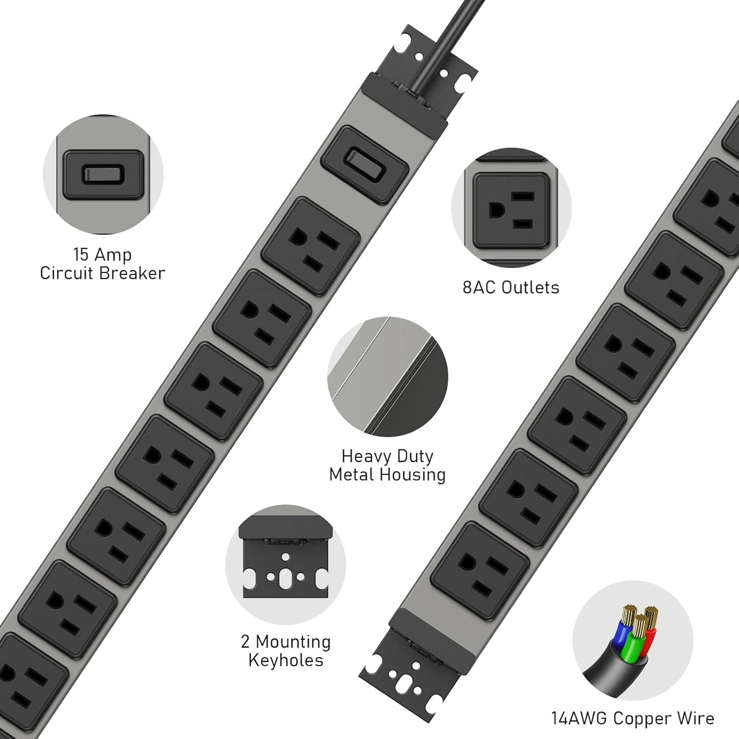 JUNNUJ Heavy Duty Power Strip 8 Outlet Wall Mount, Metal 20 Amp Surge Protector 1200J, Garage Industrial Outlets 6-20R T-Slot, 6FT 12AWG Extension Cord.