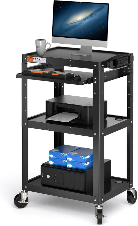 Steel AV Cart on Wheels - Rolling Projector Cart with Height Adjustable Shelf, Pullout Keyboard Tray, Power Strip, Cord Management - Mobile Media Carts Computer Workstation for Office Classroom