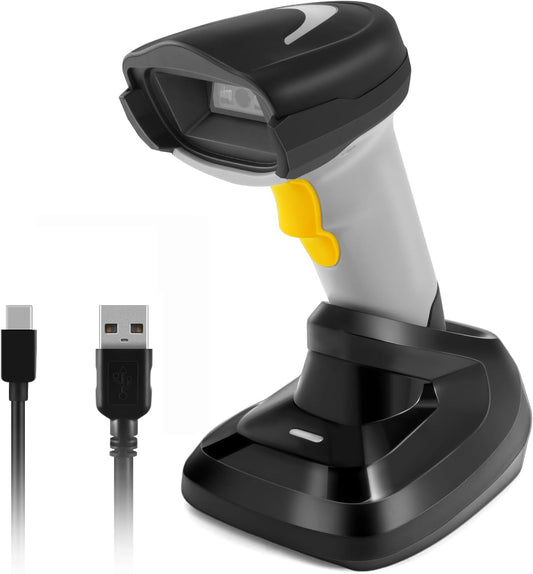 Barcode Scanner Wireless, Onewscan 1D Barcode Reader with Stand, 2.4G Wireless & USB Wired Connection Plug and Play Handheld Bar Code Scanners