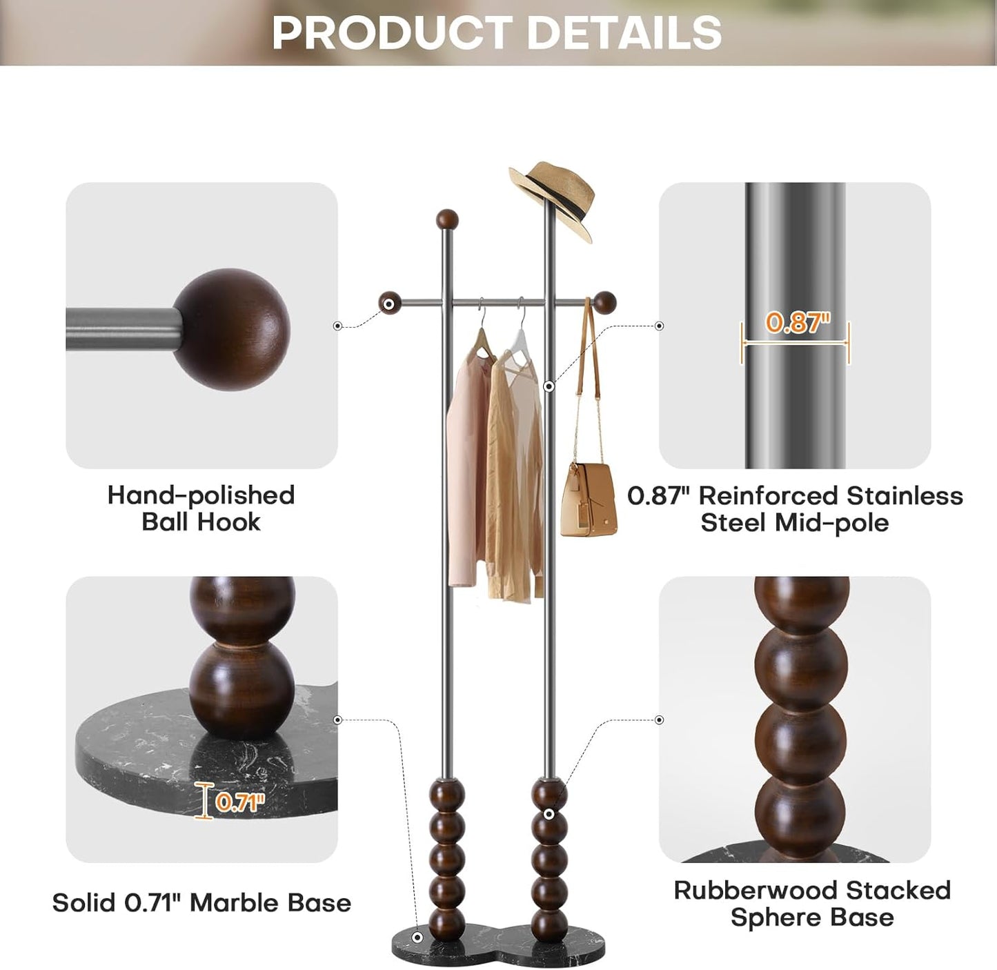 Metal Freestanding Coat Rack with Stainless Steel Double Rods & Marble Base, Hanging Clothes Rack for Entryway, Hallway, Bedroom, Living Room, Steel and Wood