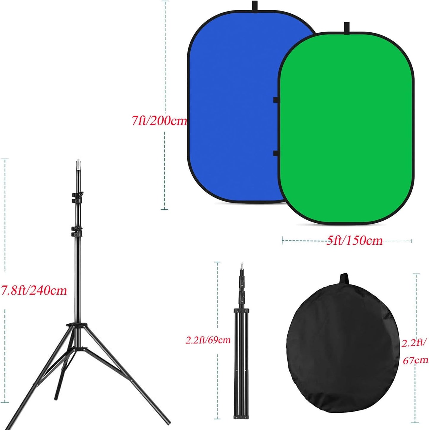5x7ft/1.5x2m Chromakey Backdrop with 7.8ft/2.4m Stand, 2-in-1 Green Screen and Blue Screen Reversible Collapsible Background Panel for Photography Studio, Live Streaming, Video Shooting, Games